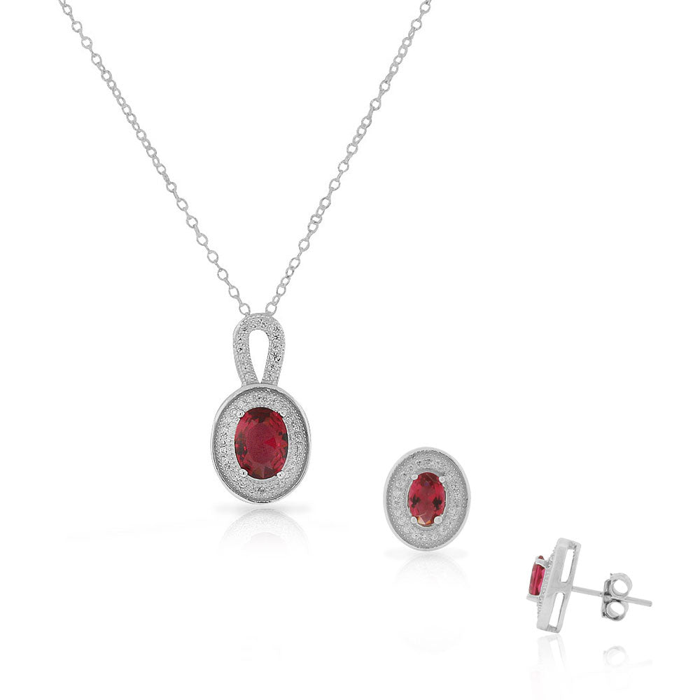Sterling Silver Clear Red Ruby CZ Oval Stud Earrings Pendant Necklace Set