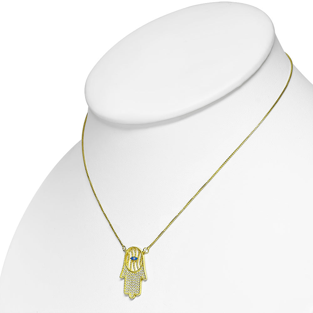 925 Sterling Silver White Clear CZ Evil Eye Protection Hamsa Pendant Necklace, 18"