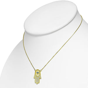 925 Sterling Silver White Clear CZ Evil Eye Protection Hamsa Pendant Necklace, 18"