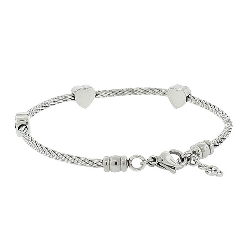 Stainless Steel Twisted Cable Rope CZ Love Heart Adjustable Bangle Bracelet