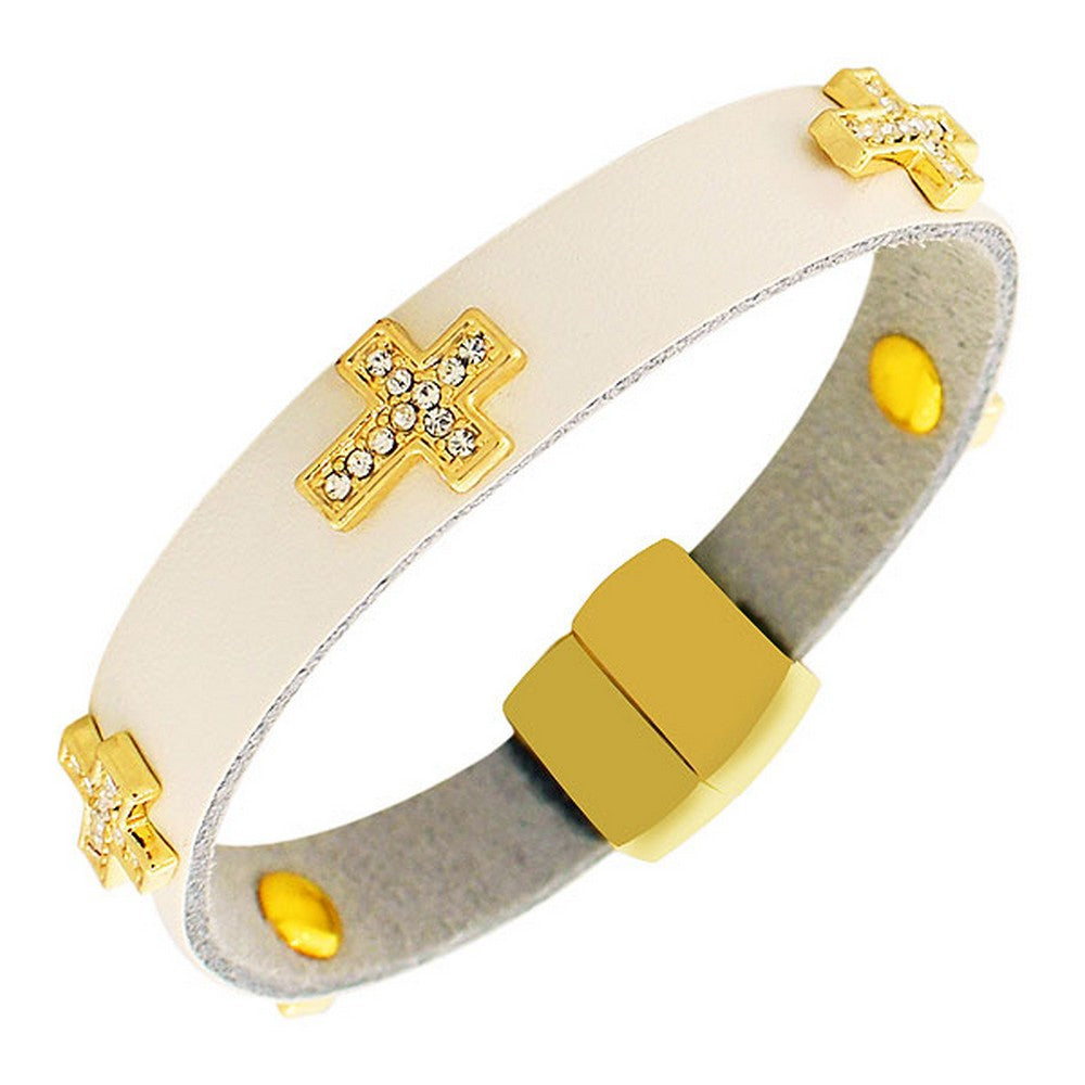 Fashion Alloy White Leather Yellow Gold-Tone White CZ Cross Religious Wristband Wrap Bracelet