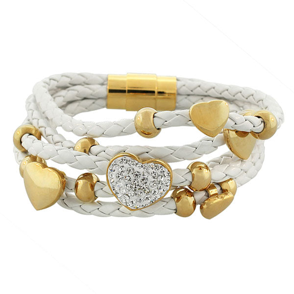 Fashion Alloy White Faux PU Leather Yellow Gold-Tone CZ Love Heart Multi-Row Layer Bracelet