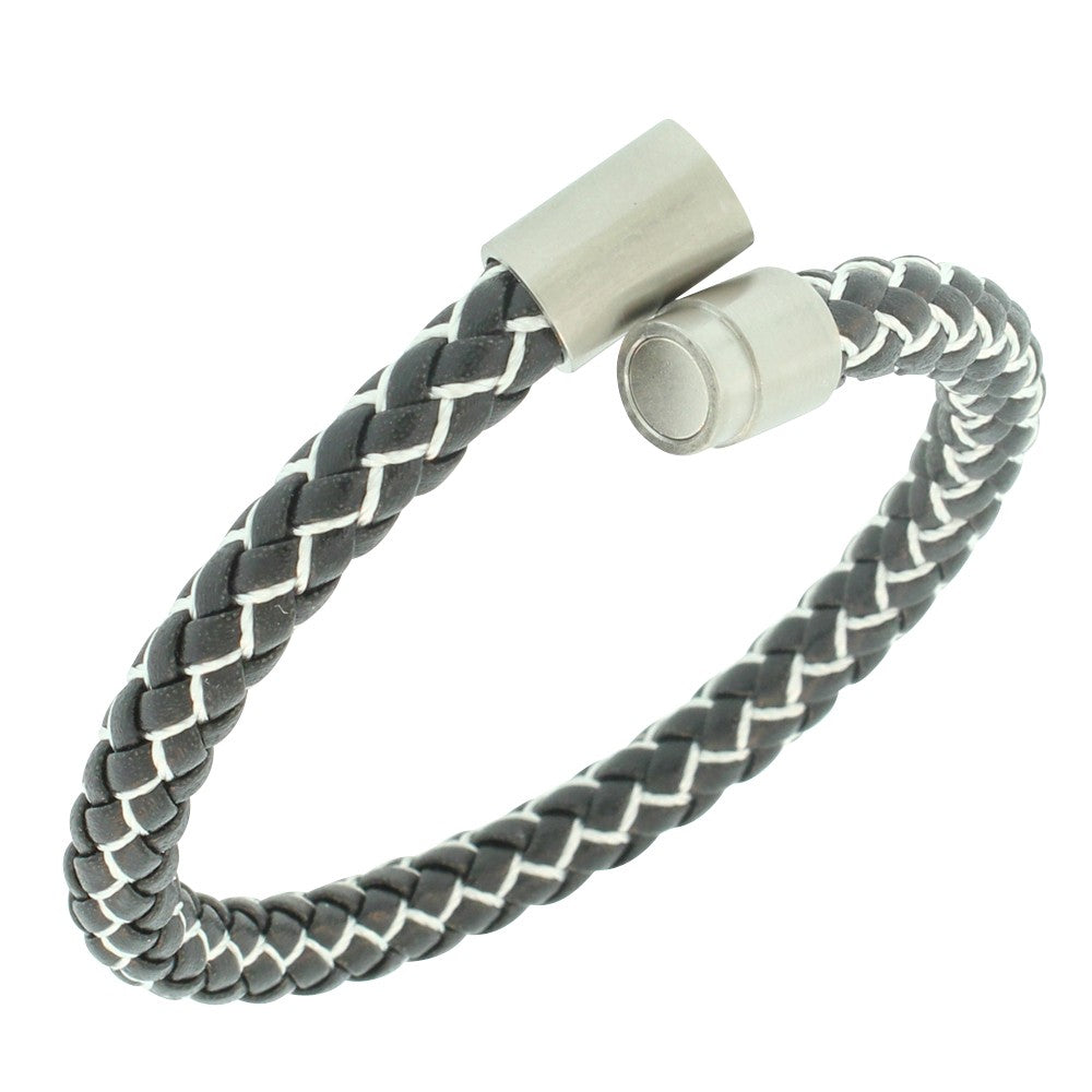 Stainless Steel Black White Faux Leather Silver-Tone Mens Bracelet