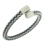 Stainless Steel Black White Faux Leather Silver-Tone Mens Bracelet