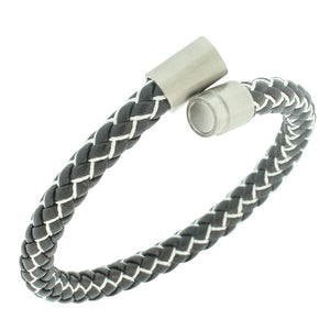 Stainless Steel Black White Faux Leather Silver-Tone Mens Bracelet