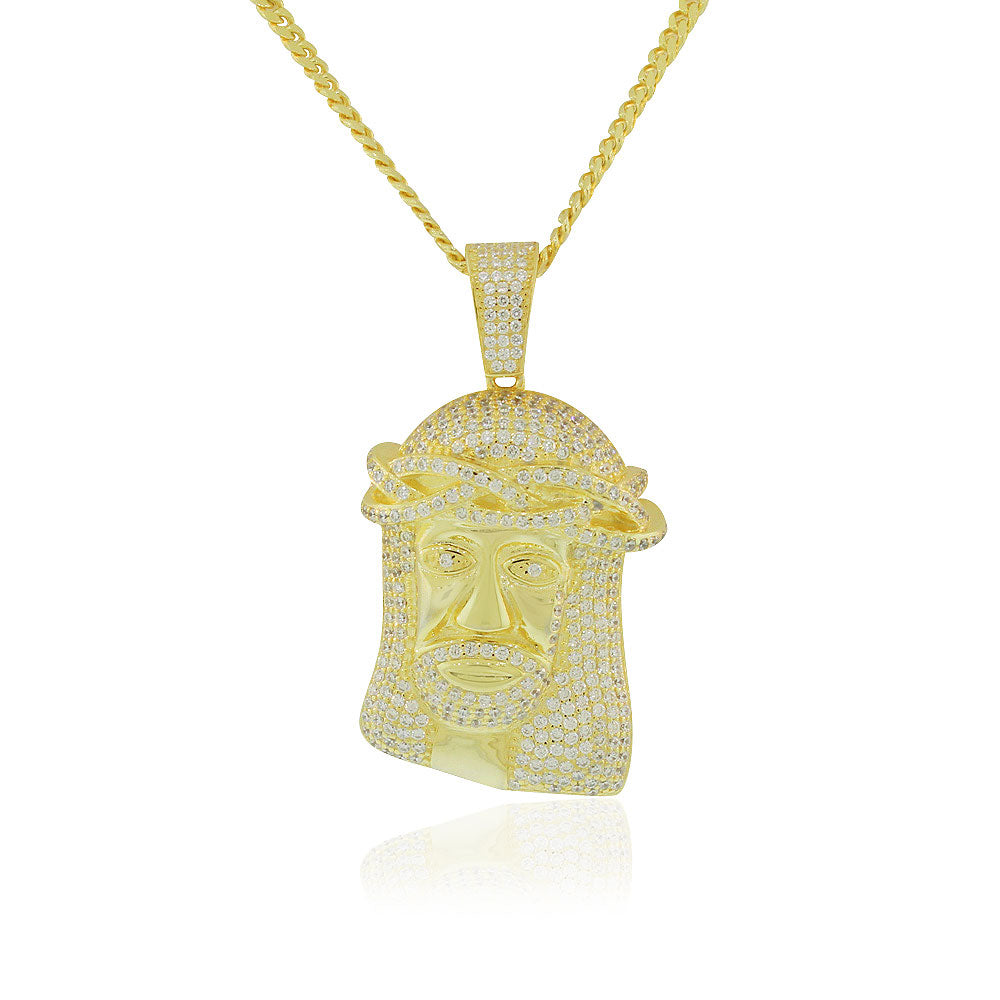 925 Sterling Silver Yellow Gold-Tone CZ Large Hip-Hop Religious Jesus Mens Pendant Necklace