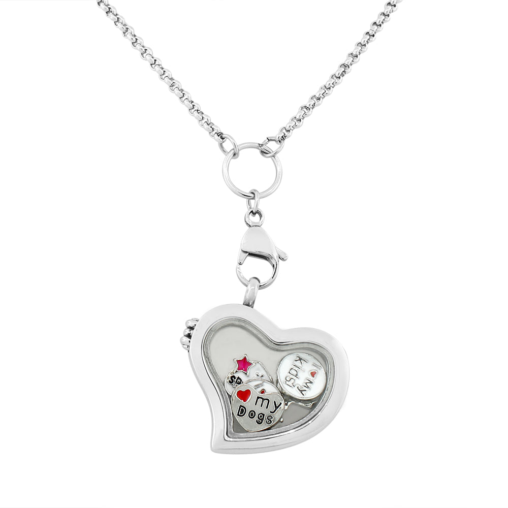 Stainless Steel Silver-Tone Floating Charms Love Heart Dogs Family Mom Glass Locket Pendant Necklace - Charms Included