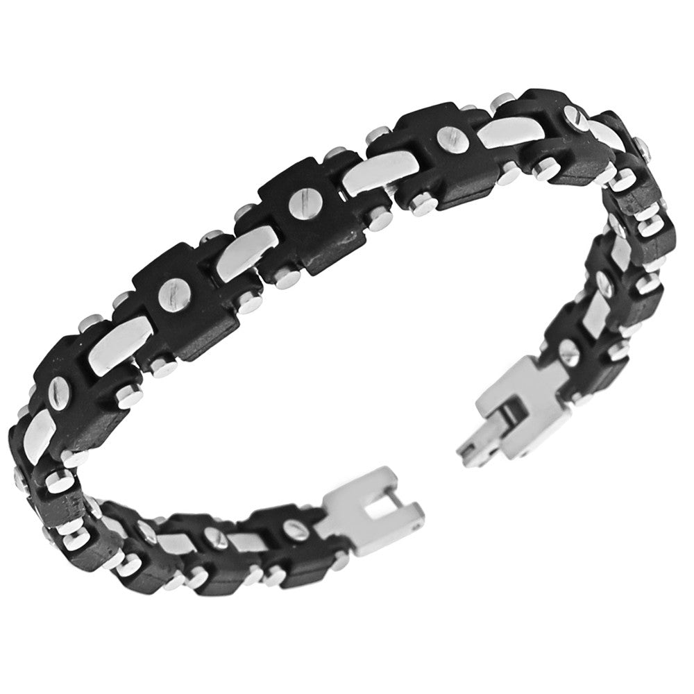 Stainless Steel Black Silver-Tone Rubber Silicone Men's Link Bracelet
