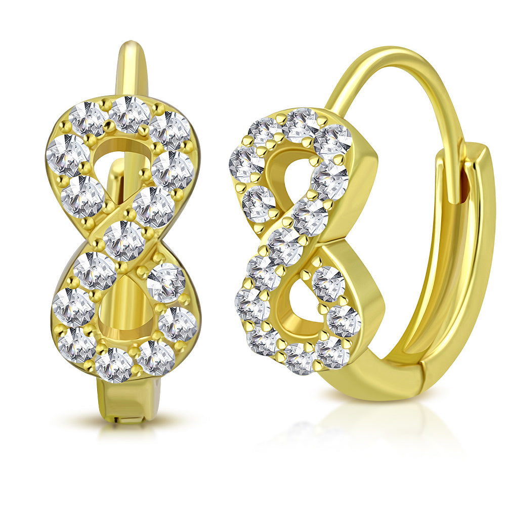 Sterling Silver Small Yellow Gold White CZ Infinity Womens Girls Hoop Huggie Earrings