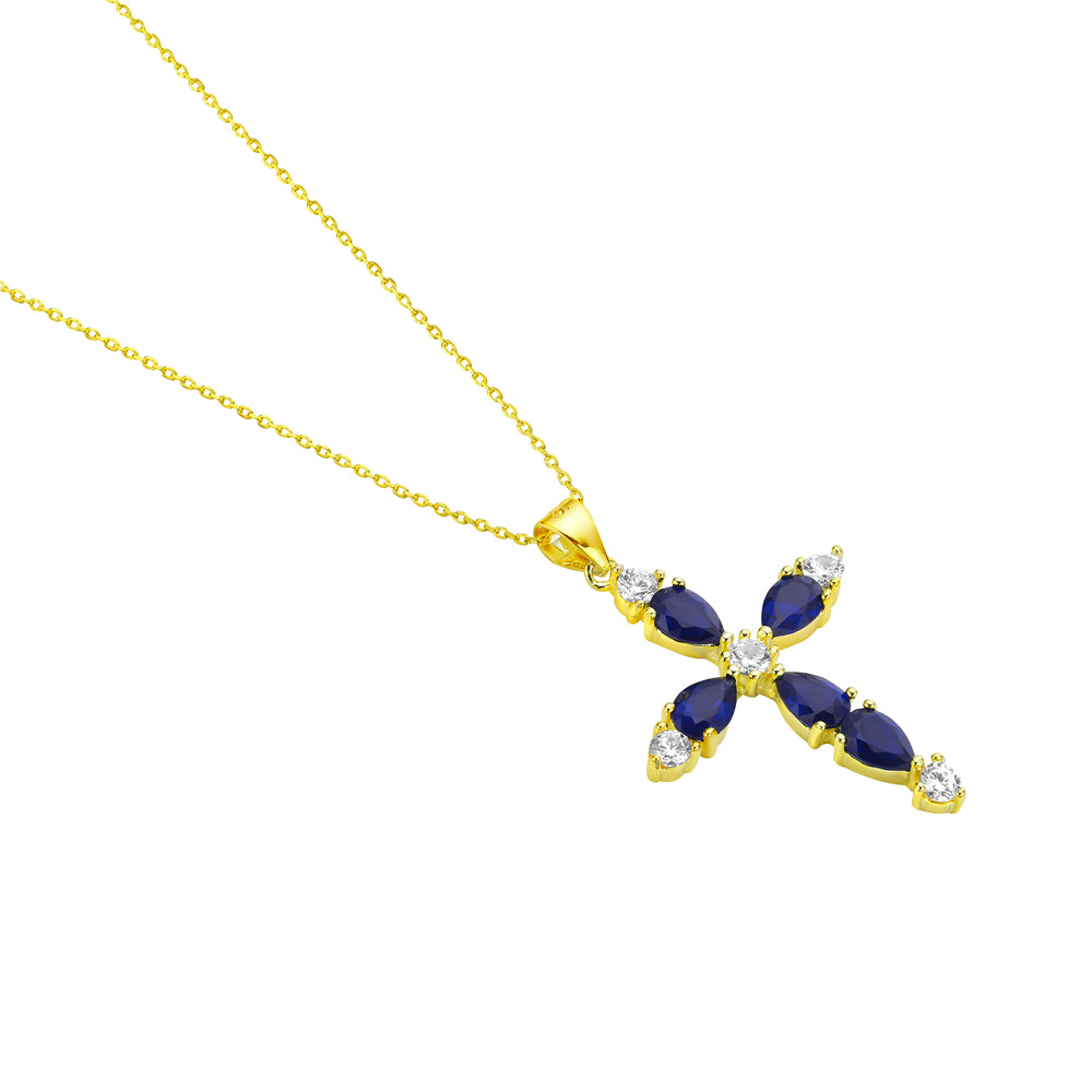 My Daily Styles 925 Sterling Silver Cross with Created Sapphire and CZ Stones Pendant Necklace- Adjustable Chain 16"-18"