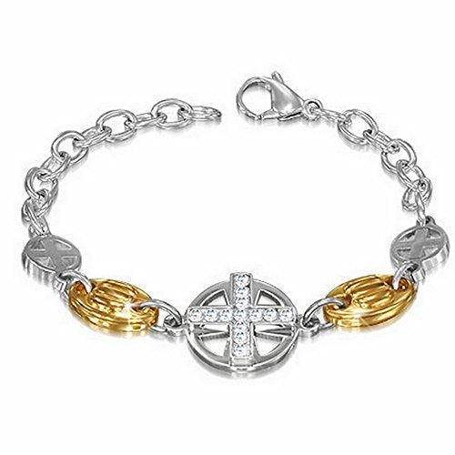 Stainless Steel Two-Tone Religious Latin Cross CZ Womens Link Chain Bracelet