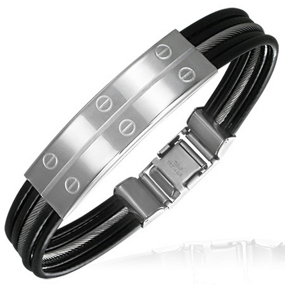 Stainless Steel Black Rubber Silicone Two-Tone Screw Mens Bracelet