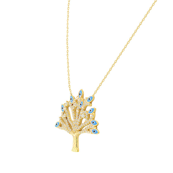 Sterling Silver Yellow Gold-Tone CZ Tree of Life Evil Eye Large Statement Pendant Necklace