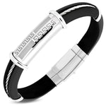 Stainless Steel Black Rubber Silicone Silver-Tone Greek Key Men's Bracelet, 7.75"