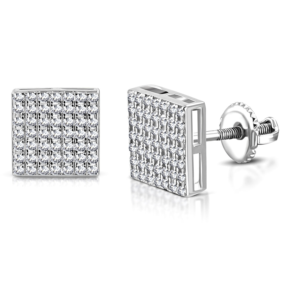 925 Sterling Silver Square White Clear CZ Screw Back Stud Earrings, 0.35"