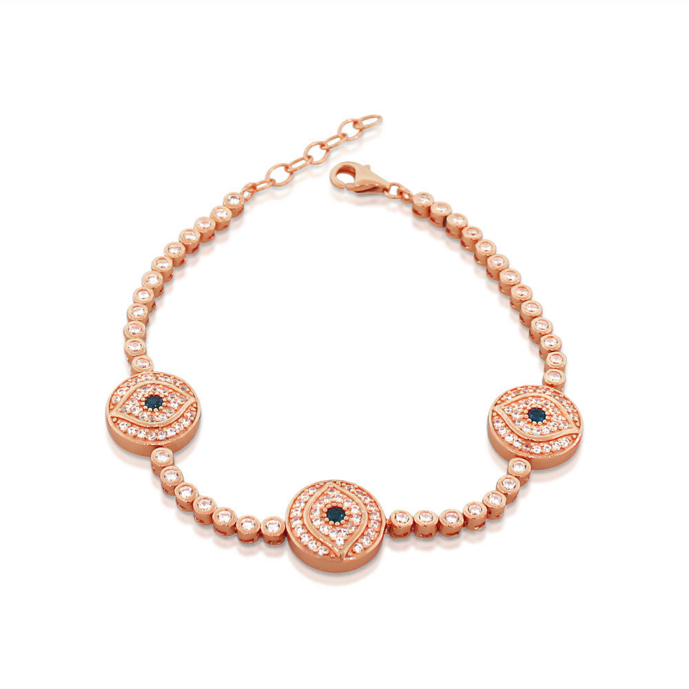925 Sterling Silver Rose Gold -Tone White Blue Bezel-Set CZ Evil Eye Womens Tennis Bracelet