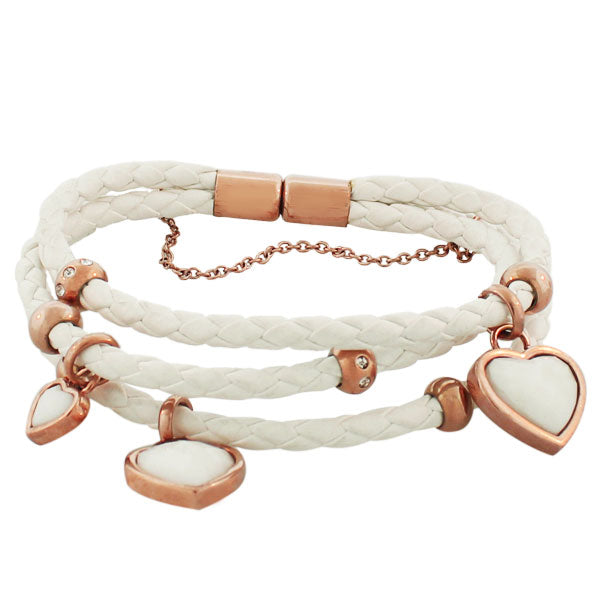 Fashion Alloy White Faux PU Leather Rose Gold-Tone Love Heart Multi-Row Layer Bracelet