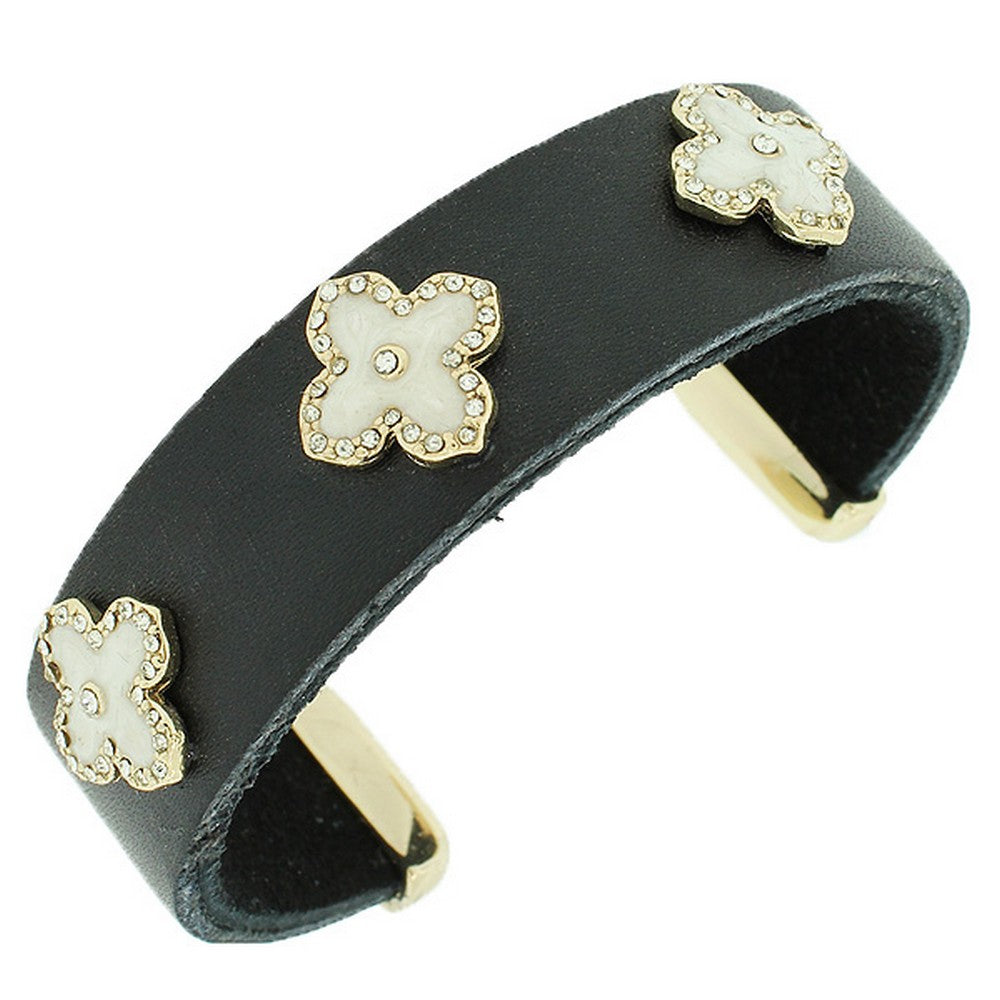 Fashion Alloy Black Leather Yellow Gold-Tone White CZ Open End Bracelet