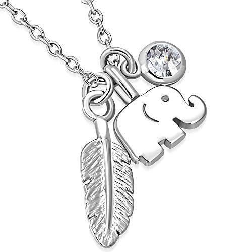 Cubic Zirconia Gold Elephant Feather Charm Necklace Pendant Sterling Silver