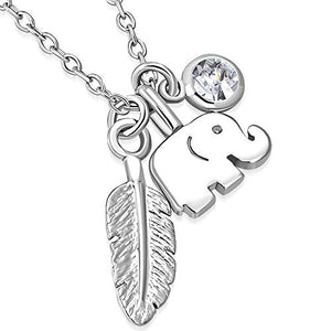 925 Sterling Silver Yellow Gold-Tone White CZ Elephant Feather Charm Pendant Necklace
