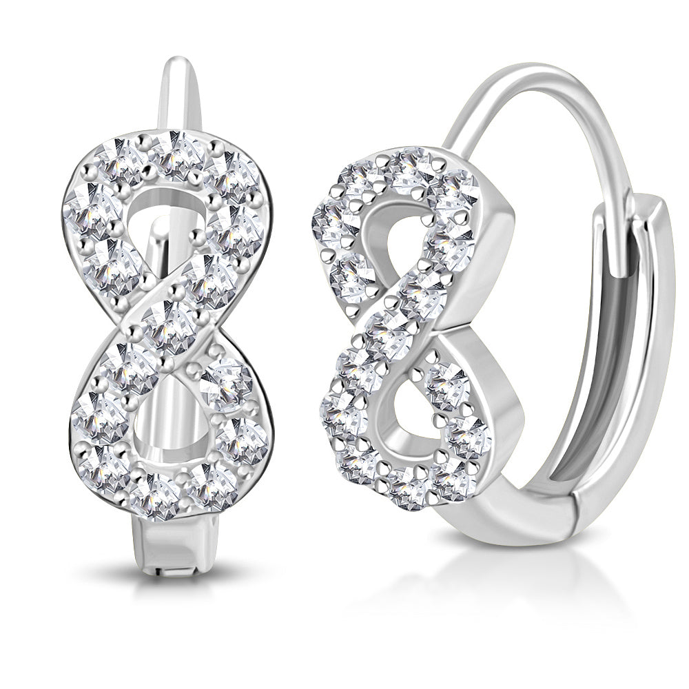 925 Sterling Silver Small White CZ Infinity Womens Girls Hoop Huggie Earrings