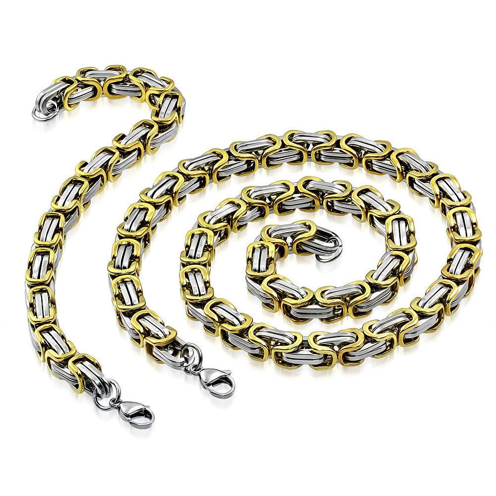 Stainless Steel Silver-Tone Yellow Gold-Tone Necklace Bracelet Mens Jewelry Set