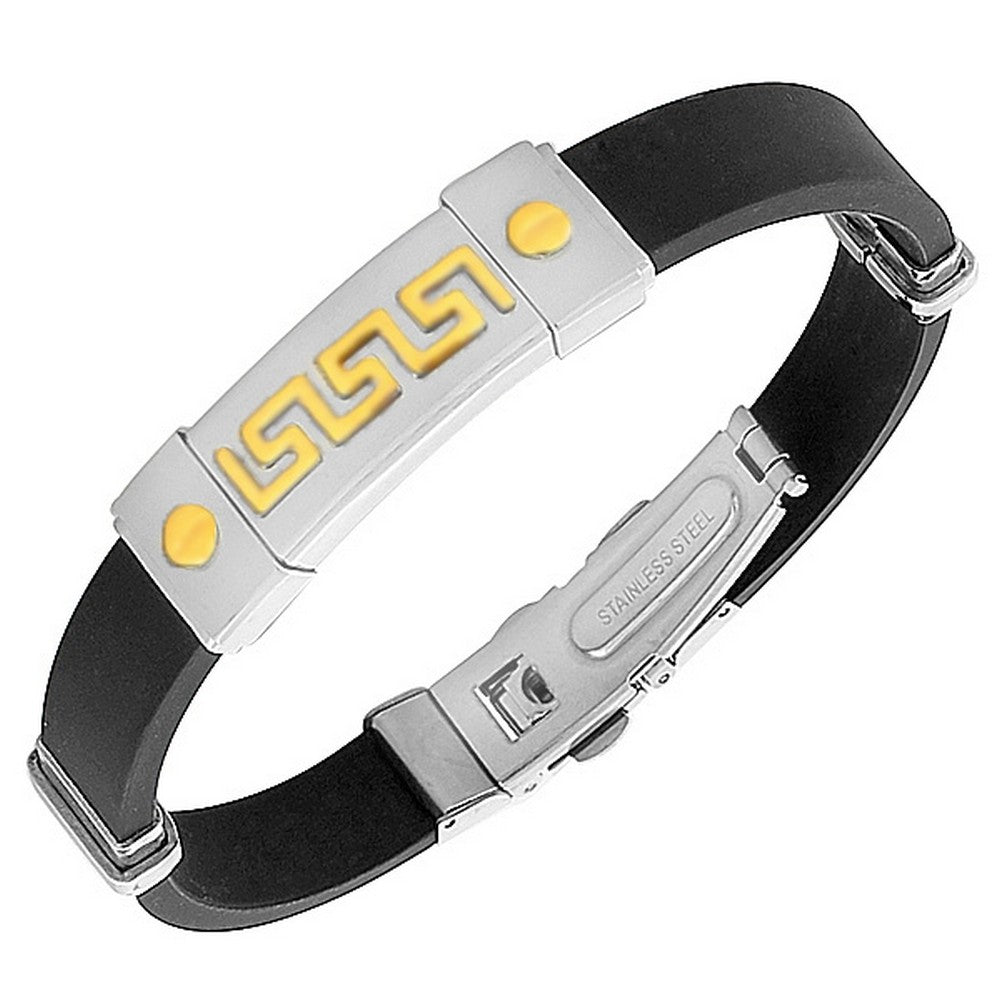Stainless Steel Black Rubber Silicone Two-Tone Greek Key Men's Bracelet