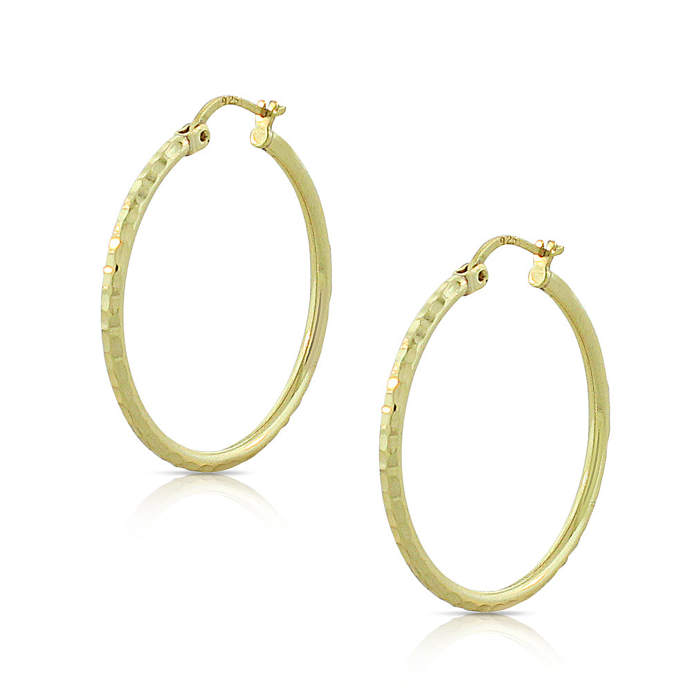 925 Sterling Silver Yellow Gold-Tone Faceted Round Hoop Earrings, 1"