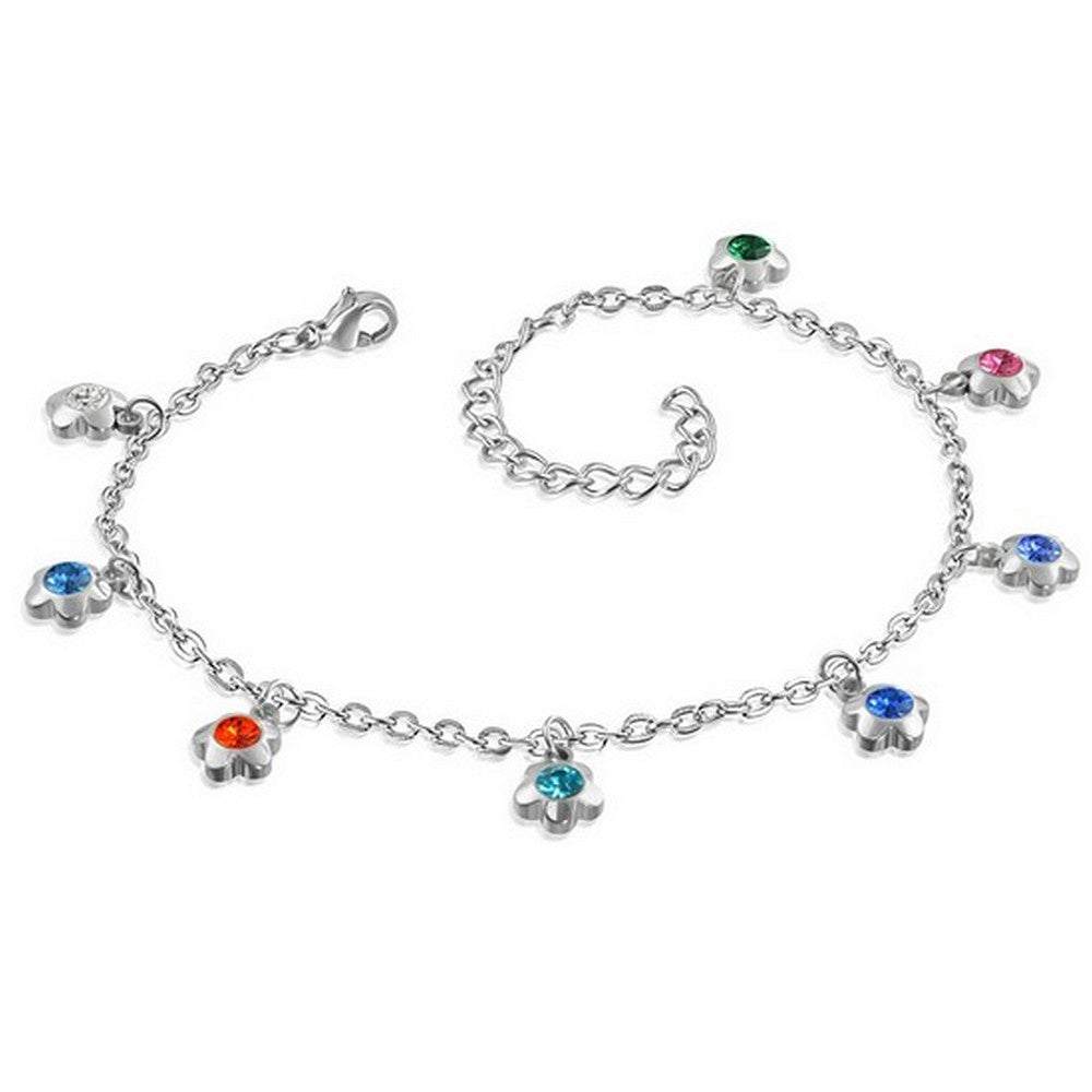 Stainless Steel Silver-Tone Multicolor CZ Flowers Womens Adjustable Anklet Bracelet