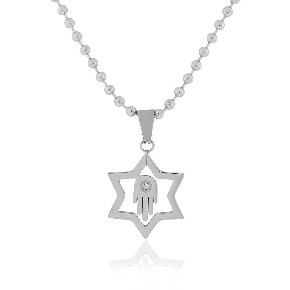Stainless Steel Silver-Tone White CZ Jewish Star of David Hamsa Pendant Necklace