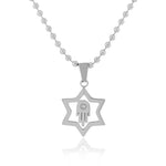 Stainless Steel Silver-Tone White CZ Jewish Star of David Hamsa Pendant Necklace