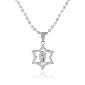 Stainless Steel Silver-Tone White CZ Jewish Star of David Hamsa Pendant Necklace