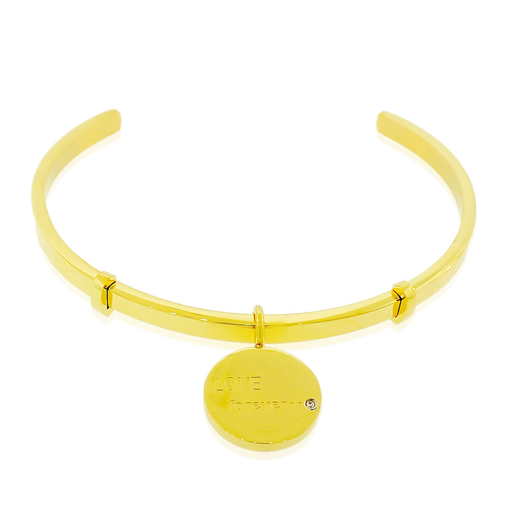 Stainless Steel Yellow Gold-Tone CZ Love Forever Open End Bangle Bracelet