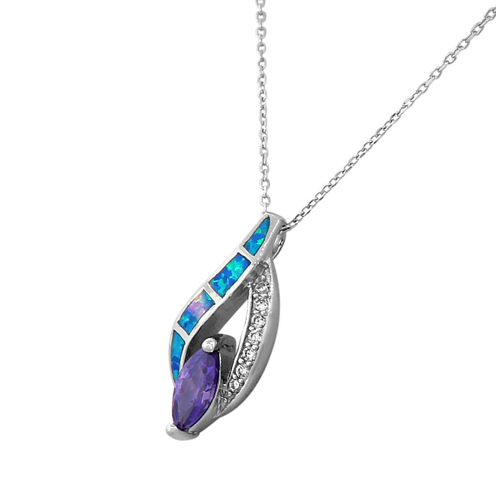 925 Sterling Silver Blue Turquoise-Tone Simulated Opal Purple-Tone CZ Pendant Necklace