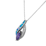 925 Sterling Silver Blue Turquoise-Tone Simulated Opal Purple-Tone CZ Pendant Necklace