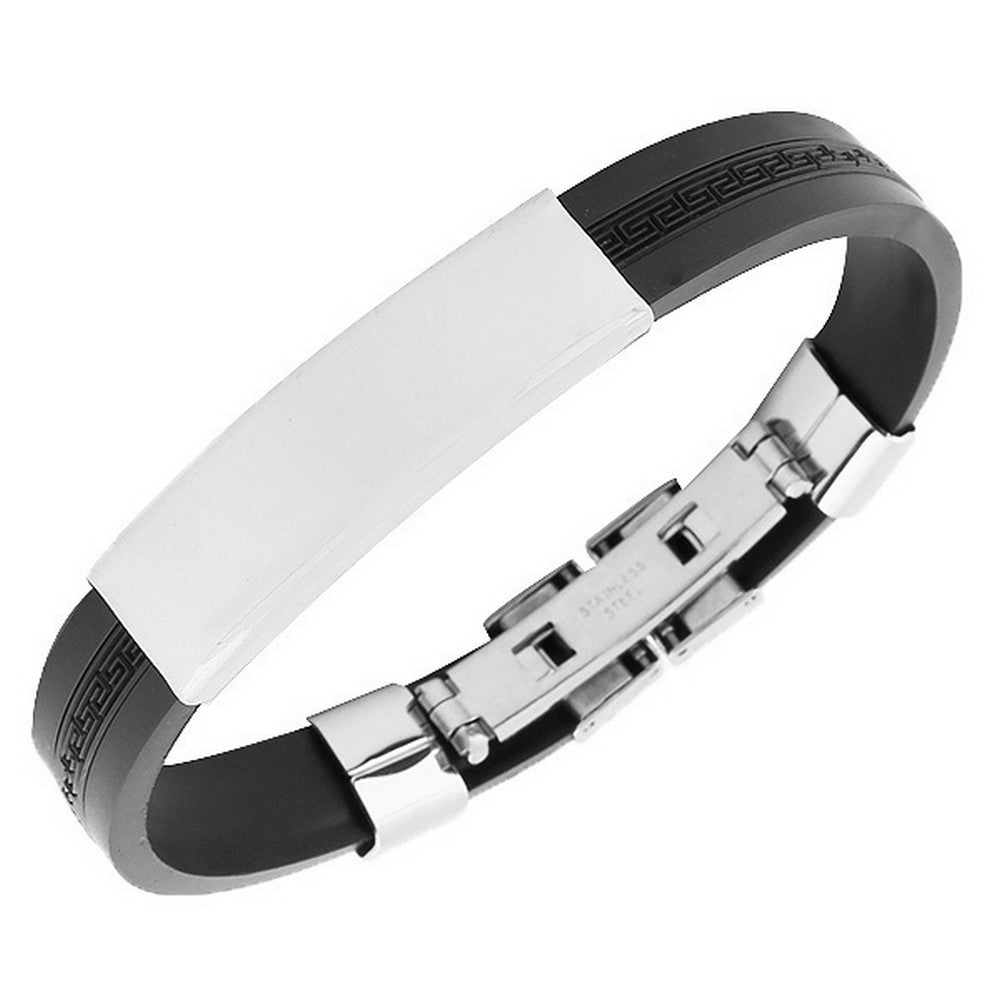 Stainless Steel Black Rubber Silicone Silver-Tone Greek Key Name Tag Mens Bracelet