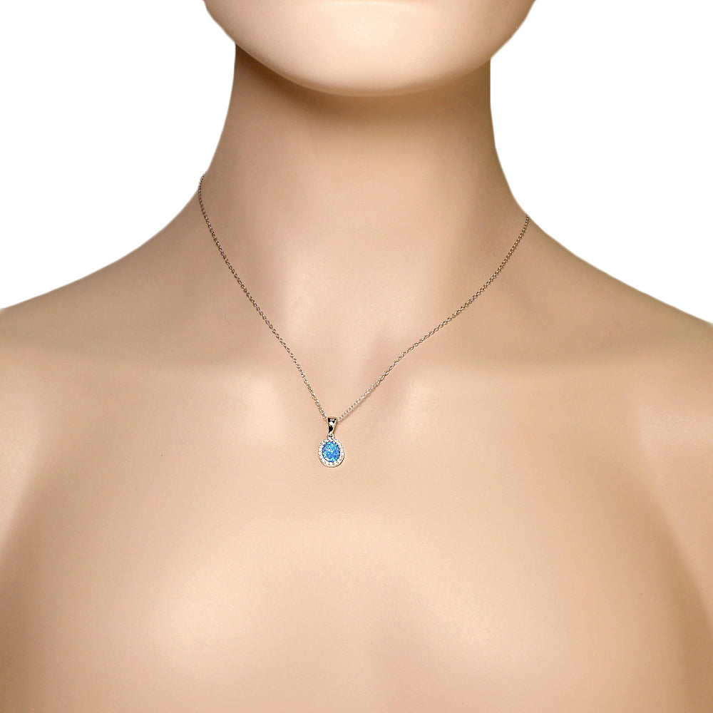 925 Sterling Silver Blue Turquoise-Tone Simulated Opal White CZ Oval Pendant Necklace