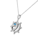 925 Sterling Silver Blue Turquoise-Tone Simulated Opal Helm Wheel Dolphin Marine Pendant Necklace