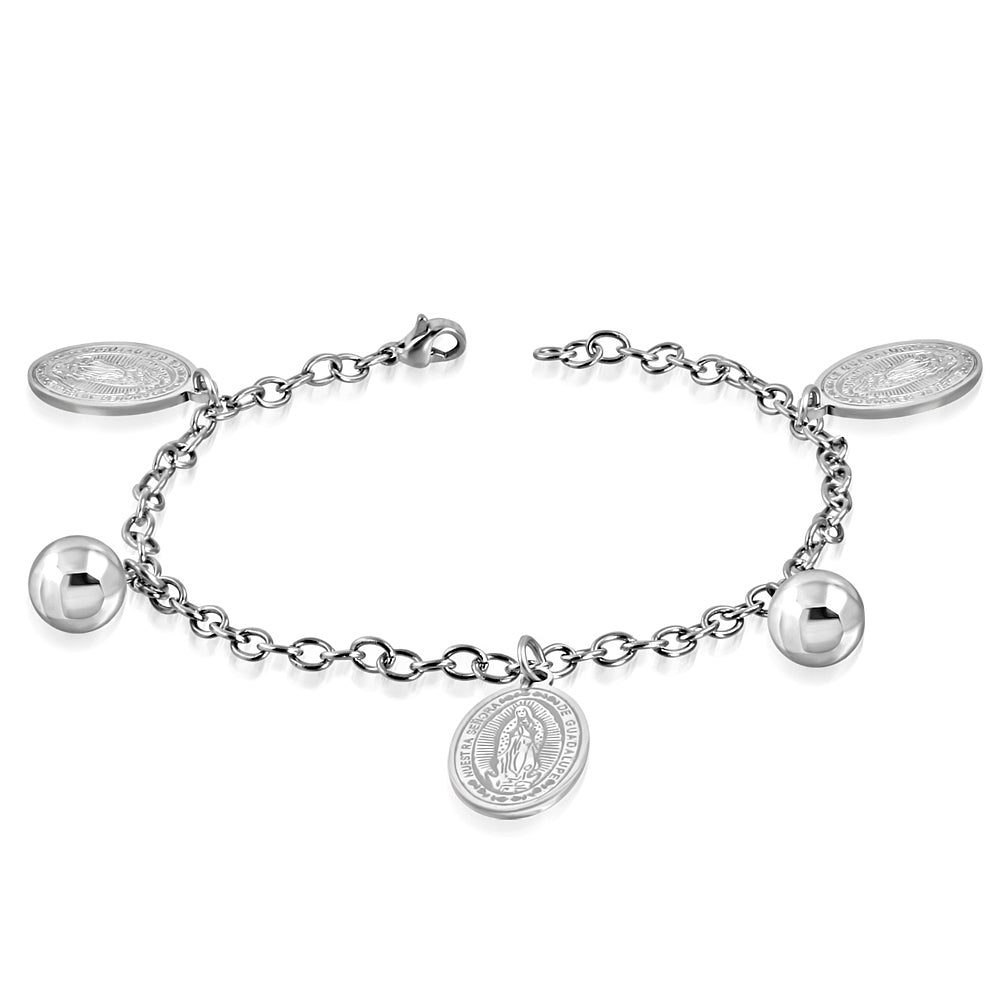 Stainless Steel Silver-Tone Nuestra Senora de Guadalupe Charm Link Bracelet