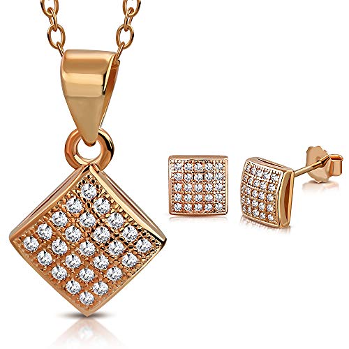 925 Sterling Silver Rose Gold-Tone Square Small Pendant Stud Earrings Jewelry Set