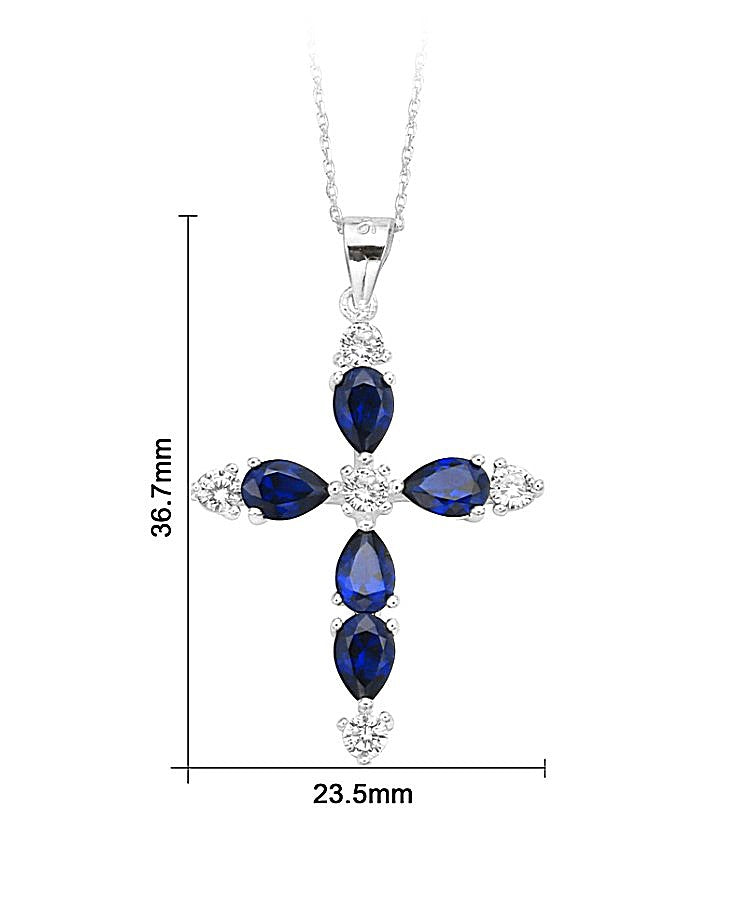 My Daily Styles 925 Sterling Silver Cross with Created Sapphire and CZ Stones Pendant Necklace- Adjustable Chain 16"-18"