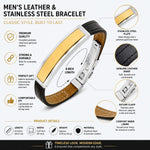 Men's Black Leather Bracelet with Stainless Steel Two Tone Gold & Silver ID Plate, 8 Inch Fashion Bracelet for Men