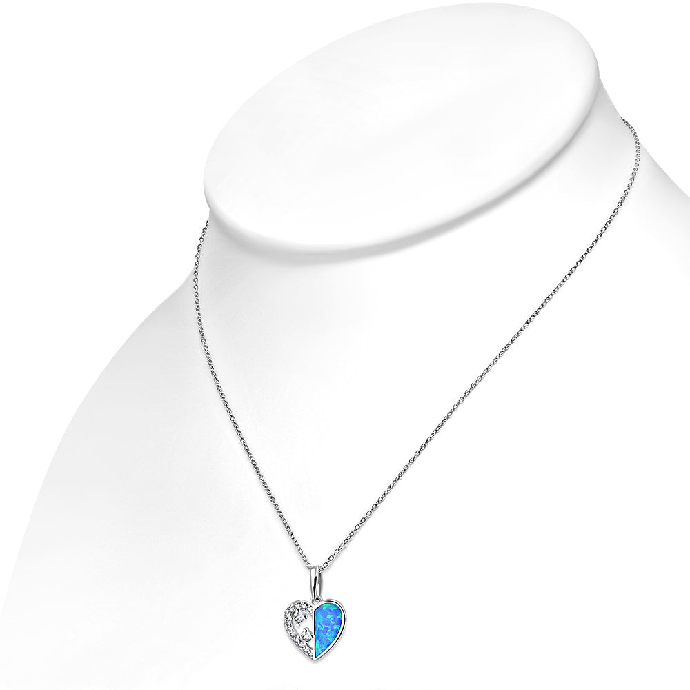 Sterling Silver Clear CZ Simulated Blue Opal Love Heart Romance Pendant Necklace Stud Earrings Set