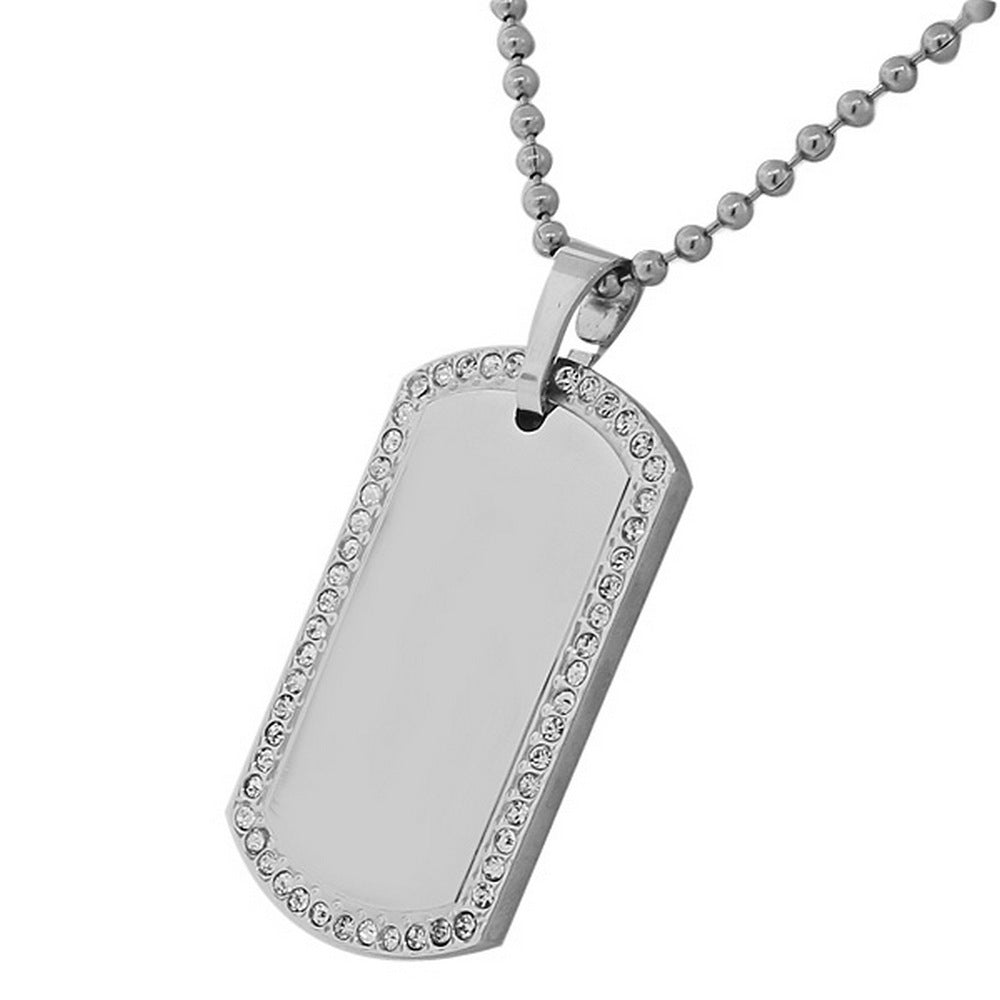 Stainless Steel Silver-Tone White CZ Dog Tag Necklace