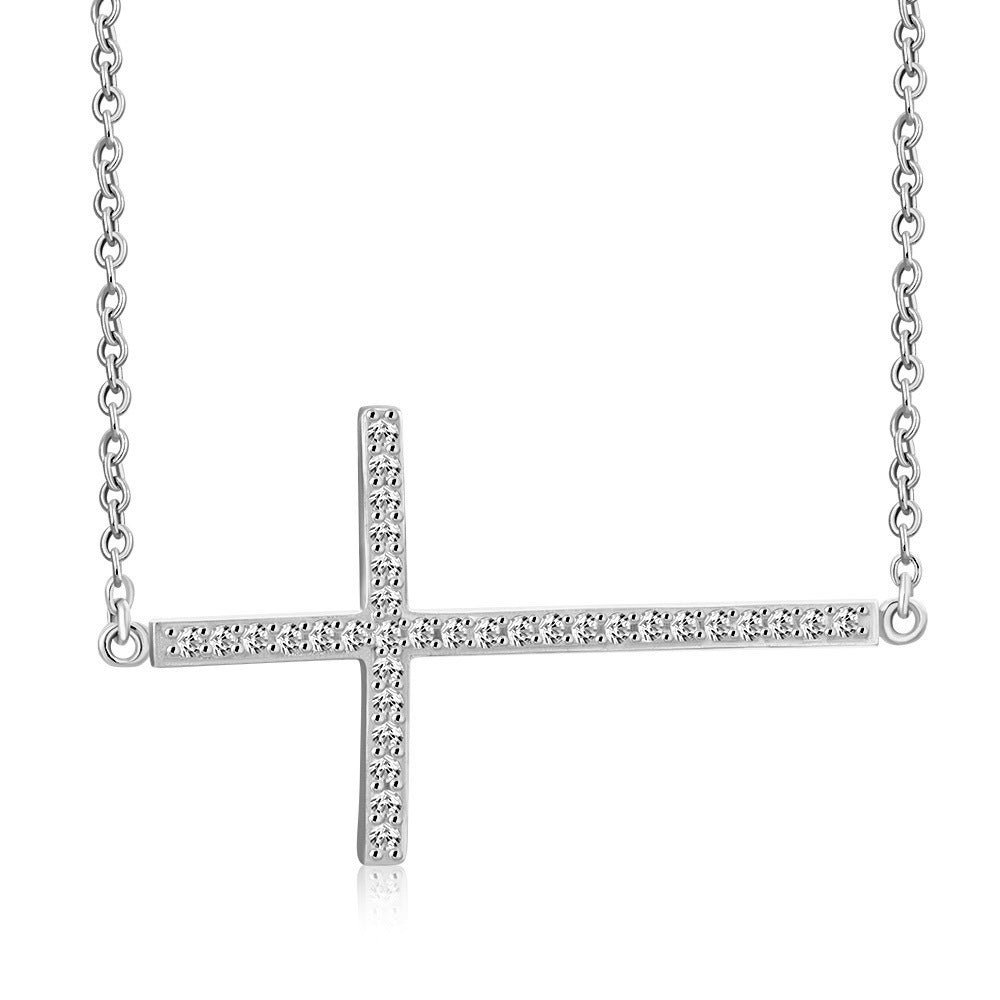 Sterling Silver Sideways Cross White CZ Pendant Necklace
