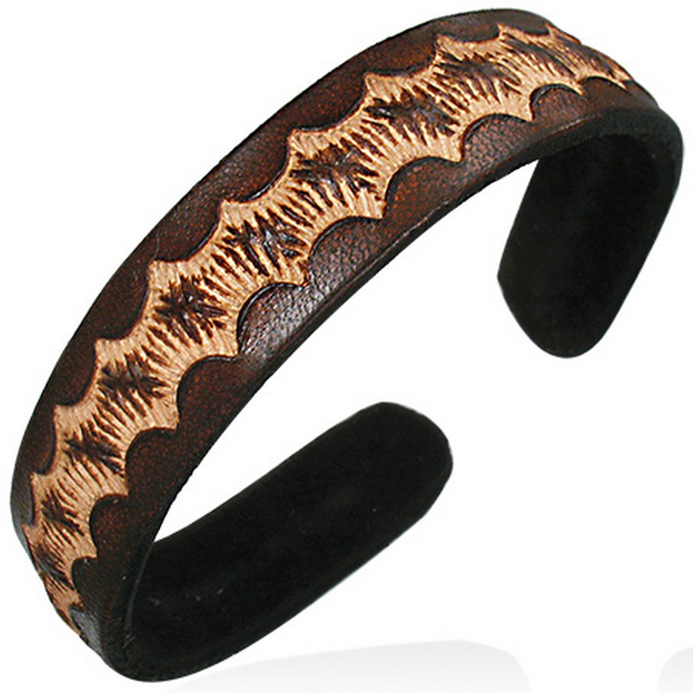 Brown Leather Engraved Cuff Bangle Womens Bracelet