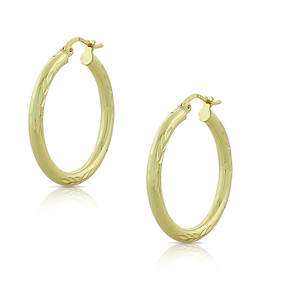 925 Sterling Silver Yellow Gold-Tone Floral Design Round Hoop Earrings, 0.90"