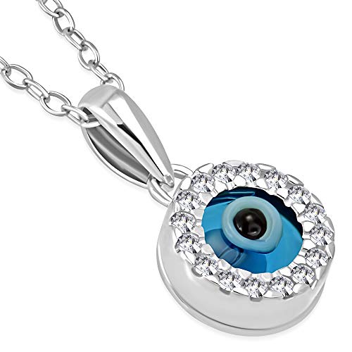 Small Classic 925 Sterling Silver White Clear CZ Evil Eye Pendant Necklace