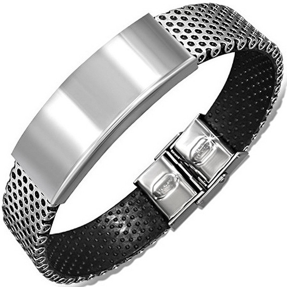 Stainless Steel Black Rubber Silicone Silver-Tone Mens Bracelet