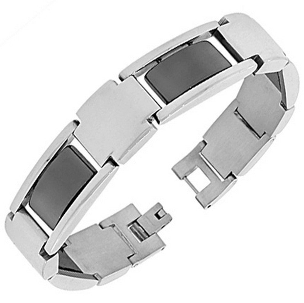 Stainless Steel Silver Black Two-Tone Link Chain Mens Bracelet